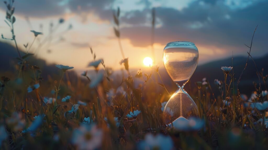 Hourglass with sky during sunrise