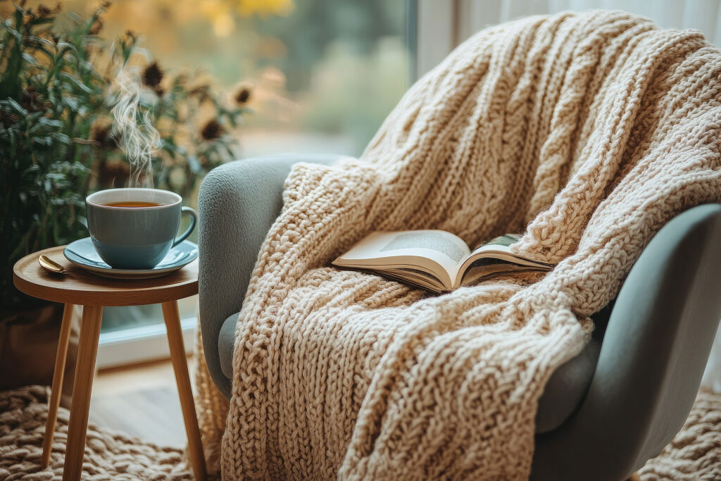 A cozy armchair with a knitted throw blanket draped over it next