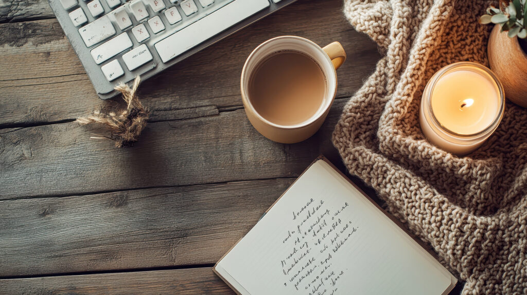 A cozy workspace featuring a cup, candle, notebook, and keyboard on a wooden table.
